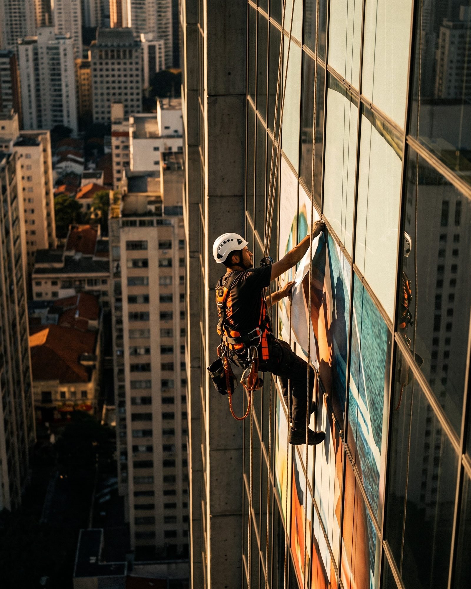 Adesivagem em altura · fachada de vidro · São Paulo